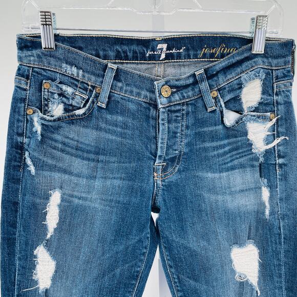 7 For All Mankind Josefina Skinny Boyfriend Blue Torn Distressed Y2K Jeans 25 - Picture 4 of 13